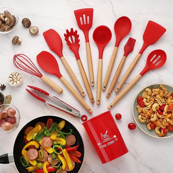 red silicone kitchen utensils