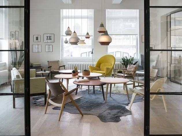 scandinavian design of living room with light pastel colours