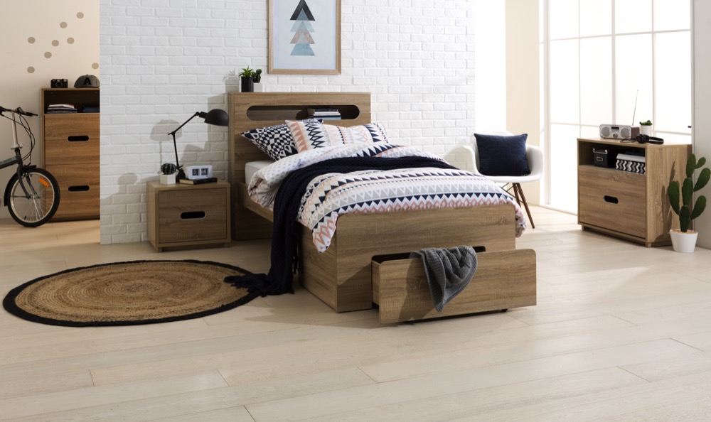 Wooden bed for kid in the kids room with drawers and carpet
