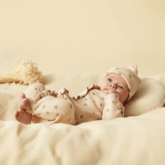 EMILY FLORAL ORGANIC WAFFLE RUFFLE ZIPSUIT