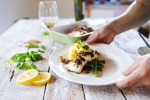 served seafood with chardonnay